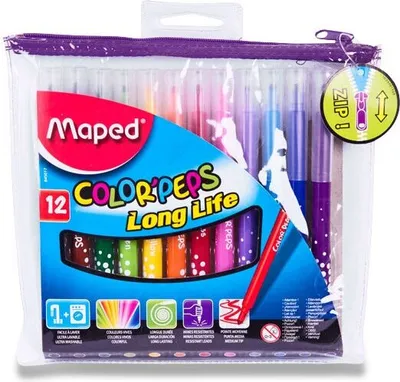 Zdjęcie produktu dla Maped 845017 Długopisy z końcówką z włókna szklanego COLOR'PEPS Long Life, zestaw 12 długopisów z zamkiem błyskawicznym