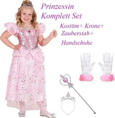 Produktbild von Kinder Komplett Set Prinzessin  Kostüm + Prinzessinstab, Krone & Handschuhe # Gr. 158