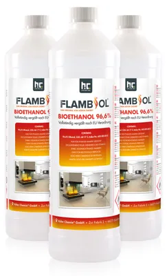 Produktbild von 3x 1 L FLAMBIOL® Bioethanol 96,6% Premium für Ethanol-Tischkamin in Flaschen