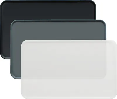 Three rectangular mats are stacked on top of each other, with the top one being black, the middle one gray, and the bottom one white.