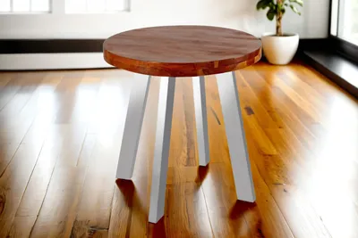 Produktbild von Möbelretoure Esstisch rund Akazienholz nussbaum massiv 80 cm silber SOPHIA