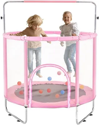 Produktbild von 55-Zoll-Kindertrampoline, 4,6-Fuß Indoor-Outdoor-Mini-Kindertrampoline mit Sicherheitsnetz und Basketballring, für Kinder ab 3 Jahren, rosa