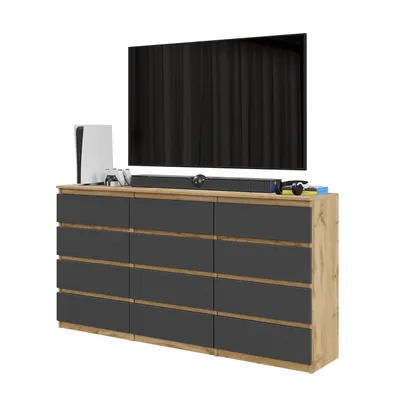 Zdjęcie produktu dla Komoda 180 Cm Dąb Wotan/ Antracyt 12 Szuflad, Zestaw Dwóch Komód, Salon