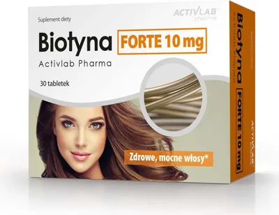 A product box for Biotyna FORTE 10 mg dietary supplement, featuring an image of a woman's face and hair, and a close-up of hair strands.