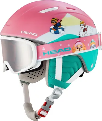 A children's ski helmet and goggles set with Paw Patrol characters.