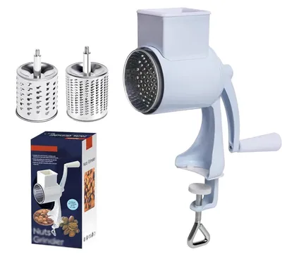 Image de Râpe rotative manuelle - Râpe à fromage et moulin à noix - Pour le fromage, les noix, les légumes et les fruits secs - 2 lames en acier inoxydable - Facile à utiliser et à nettoyer - Blanc