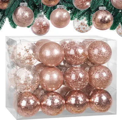 Image de Set de 24 boules de Noël Ø 6 cm en plastique transparent avec déco personnalisable Décoration sapin or rose