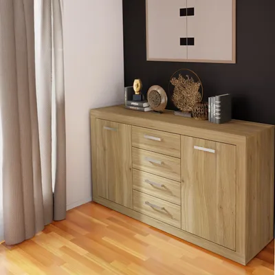 Produktbild von Forte BACCIO Kommode 150, modernes Sideboard für Wohn-/Schlafzimmer, 2-türig, 4 Schubladen, Holzwerkstoff, Mauvella Eiche Holzdekor, 152,7 cm breit x 85,5 cm hoch x 41 cm tief