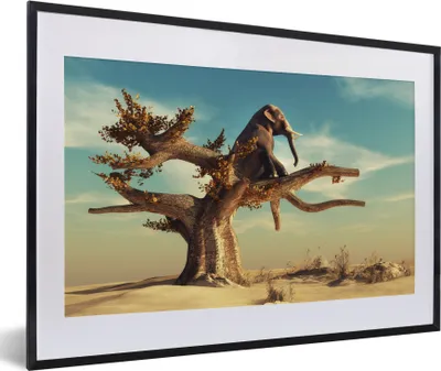 Produktbild von MuchoWow® Gerahmtes Poster Elefant - Baum - Natur - Wüste 60x40 cm - Poster mit Schwarzem Bilderrahmen Wandposter Rahmen Foto Bilder - Schlafzimmer - Plakat in Rahmen - Drucken