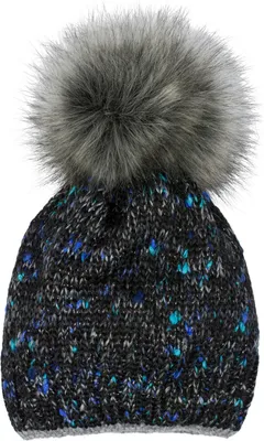 Produktbild von styleBREAKER Damen Strick Bommelmütze bunt gemustert mit Glitzerfaden und Fleece Futter, Winter Fellbommel Mütze 04024178
