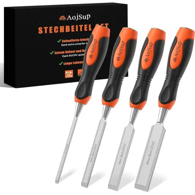 Immagine prodotto di Set di scalpelli per legno, 4 pezzi, con dimensioni di 6, 12, 19 e 25 mm, angolo di taglio di 25° e cappuccio antiurto
