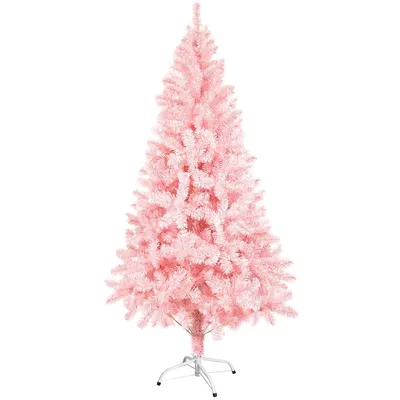 A pink artificial Christmas tree on a white background.