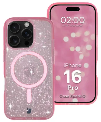 Produktbild von Glitzer Hülle mit Magnetring für iPhone 16 Pro, Bizon Case SparklO, Transparent-Rosa mit Glitzer
