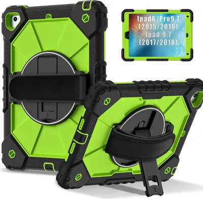Produktbild von Hülle für iPad 9,7 6th/5th Gen 2018/2017 Tablette Schutzhülle Stoßfeste mit 360 Drehbarer Handschlaufe/Ständer Schwarz Grün