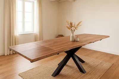 Produktbild von Esstisch Baumkante 160(260)x90 cm mit Ansteckplatten Akazie stone massiv Spider-Gestell schwarz JANOSH