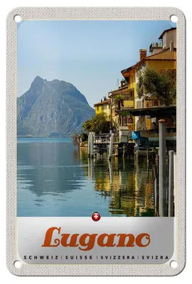 Produktbild von Blechschild Reise 12x18cm Lugano Schweiz See Ausblick auf Berg Schild