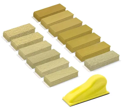 Image de Kit de papier abrasif comprenant un bloc à poncer, avec 131 pièces de papier abrasif de 90 x 30 mm, de différents grains, idéal pour les travaux de ponçage de précision