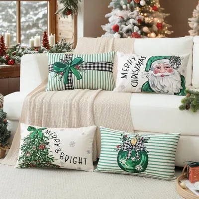 Productafbeelding van Kerstkussenslopen, set van 4, 30x50 cm, kerstman, kerstboom, groen, polyester