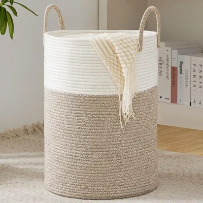 Productafbeelding van Gevlochten wasmand - Opbergmand voor speelgoed - Gemaakt van katoenen touw - Ronde vorm - Handgemaakt - Met handgreep