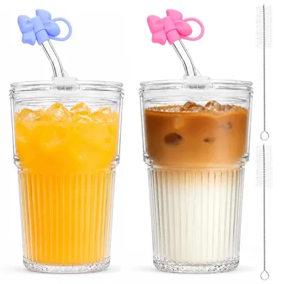 2er-Set Glasbecher 600 ml mit Deckel & Strohhalm für Eiskaffee