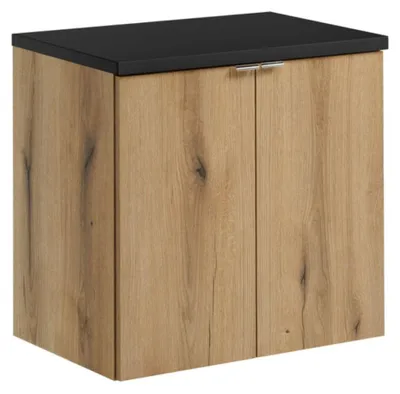 Image de Ensemble de salle de bain suspendu VANO aspect chêne et noir 60cm : meuble sous vasque à placards + plan pour vasque