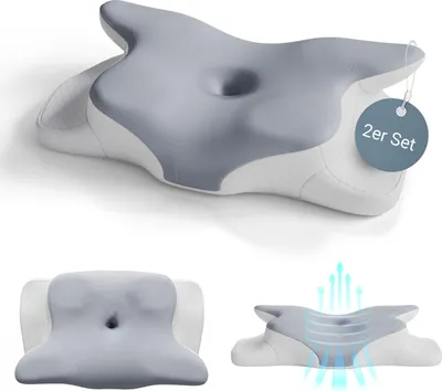 Produktbild von Juskys Nackenkissen 2er Set - Ergonomisch, Memory-Foam-Füllung - weiß / grau