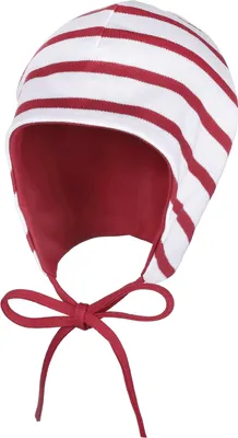 Produktbild von modAS Baby Mütze aus Baumwolle - Kopfbedeckung Mädchen Jungen mit Bindeband und Ohrenschutz in Weiß-Rot 39 cm – ca. 3-4 Monate