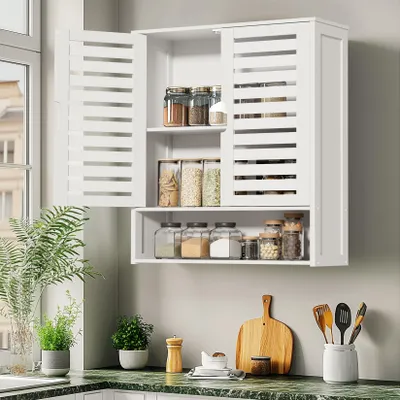 Produktbild von Badezimmerschrank Hängeschrank Weiß 59x20,5x66,5 cm, Wandschrank mit 2 Türen & verstellbaren Regalen