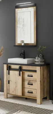 Produktbild von Badmöbel Set 4-teilig "Stove" in Used Wood hell und anthrazit mit Waschbecken und LED
