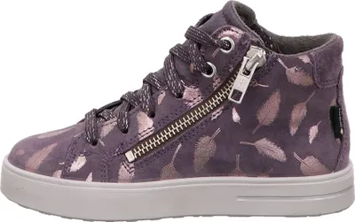 A single purple high-top sneaker with a feather pattern, shown from the side.