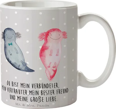 Produktbild von Mr. & Mrs. Panda Becher Axolotl Freundin - Grau Pastell - Geschenk, Trinkbecher, Valentinstag, Freund, Kaffeetasse, cappuccinotasse, Tasse, bedruckt, Kaffeebecher