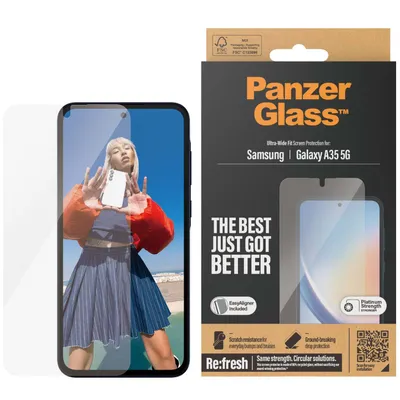 Obrázek produktu pro PanzerGlass ® Screen Protector Samsung Galaxy A35 5G | Ultra-Wide Fit w. EasyAligner, Samsung, Samsung - Galaxy A35 5G, Aplikace nasucho, Odolné proti poškrábání, Odolný proti nárazům, Průhledná, 1 kusů