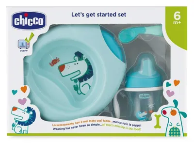 Produktbild von Chicco Geschenkset 6+, Baby Geschirrset enthält 2-teiligen Babyteller, Trinkbecher und Entwöhnungslöffel, Babybesteck 6+ Monate Balu