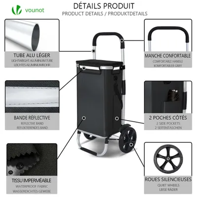 Produktbild von VOUNOT® Einkaufstrolley Klappbar aus Aluminium mit 58L Wasserdichter Tasche und Kühlfach, 2 Extra große Räder mit Schutzblech, Faltbarer Einkaufswagen