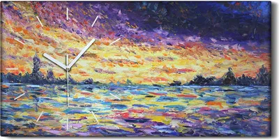 Produktbild von Wandkunst Leinwand Bild Uhr 60x30 Ölgemälde Bäume Himmel Sonnenuntergang Kunst - weiße Hände
