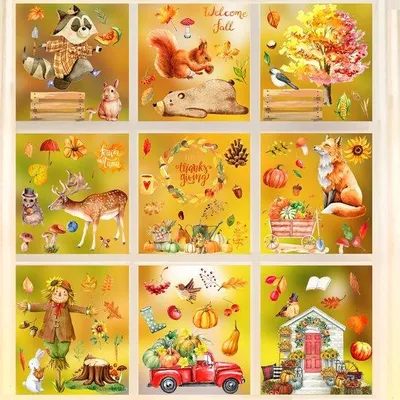 Produktbild von Herbstdekoration 9 Blätter selbstklebend mit Ahornblättern, Kürbissen und Vogelverschreckern für Fenster, Kinderzimmer und Cafés