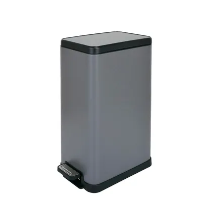A gray rectangular trash can with a black lid and a silver pedal is shown against a white background.