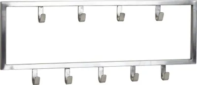 Wandgarderobe Stahl Silber 50x20x4cm Design Hakenleiste in Frontansicht mit neun Metallhaken an silberner Rahmenkonstruktion.