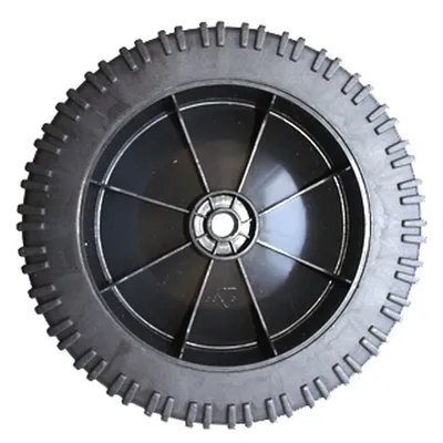 A black wheel with a textured tire and a multi-spoke hub, isolated on a white background.