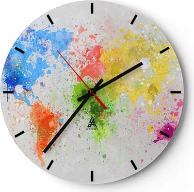 Produktbild von Wanduhr - Rund - Glasuhr - Karte Welt modern - 40x40cm - Schleichendes Uhrwerk - Lautlos - zum Aufhängen bereit - Dekoration Modern - Wanddekoration aus Glas - C3AR40x40-3559