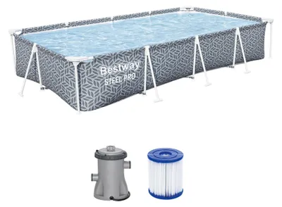 Produktbild von Bestway® Steel Pro™ Frame Pool Set mit Filterpumpe 366 x 201 x 66 cm, Blattform-Design, eckig