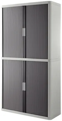 A two-door, two-tier cabinet with roll-up doors and handles.