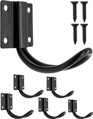 A set of black metal hooks and screws on a white background.