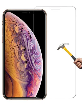 A screen protector is shown being tested with a hammer on a smartphone.