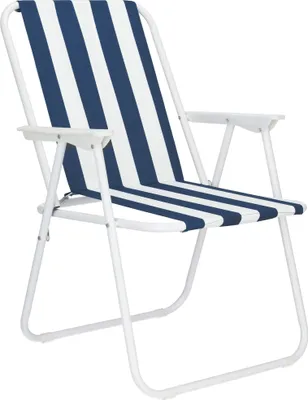 A striped folding chair on a white background.