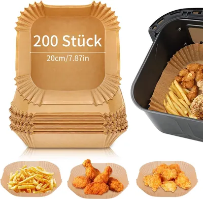 Produktbild von Backpapier für Heißluftfritteuse,Backpapier Air fryer Rund,200 Stück Airfryer Backpapier für Airfryer,Backofen,Mikrowelle,Dampfgarer, 20cm (Quadrat)