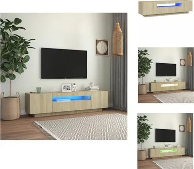 A collage of images showing a modern TV stand with LED lighting in different colors, displayed in a living room setting.
