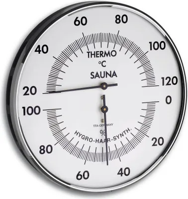 Obrázek produktu pro TFA - Analoges Sauna-Thermo-Hygrometer mit Metallring 40.1032 - silber/weiß