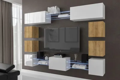 Obrázok produktu pre Furnitech Obývacia stena - Nábytok do obývačky s LED RGB - 16 farieb - Moderná závesná stena - Police a TV skrinka (Future C80N-21WDZ-HGM24)