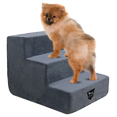 Produktbild von SPOCADO "Albion" Haustiertreppe | 34 cm hoch | Weiches Plüschmaterial | Abnehmbarer & waschbarer Bezug | Max. 50 kg Belastung | grau | SCO-30